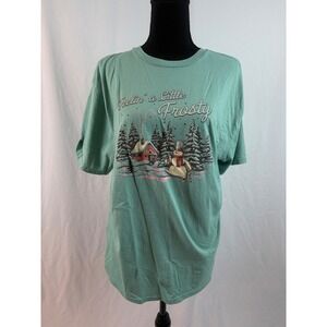 Green Christmas T Shirt‎ Feelin Little Frosty Snowman Trees Cozy Winter Top XL